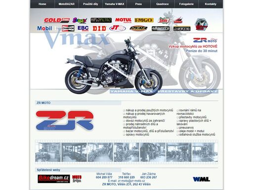 zr moto - nakup a prodej pouzitych a havarovanych motocyklu, dovoz ze zahranici, nahradni dily, motoprislusenstvi, bazar, opravy, prestavby v-max, odtahova sluzba, pneuservis, lakovani