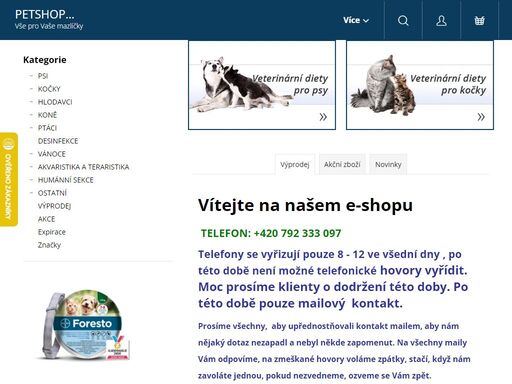 vítejte na našem e-shopu.  telefon: +420 792 333 097
telefony se vyřizují pouze 8 - 12 ve všední dny , po této době není možné telefonické hovory vyřídit. moc prosíme klienty o dodržení této doby. po této době pouze mailový  kontakt. 
prosíme všechny,  aby upřednostňovali kontakt mailem, aby nám nějaký dotaz…