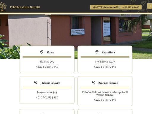 zajistíme vám důstojné rozloučení kompletně na sázavě a po celé české republice. šetrnost a úcta k zemřelému je naší prioritou. navštivte jednu z našich poboček nebo nás kontaktujte telefonicky a my přijedeme a sjednáme s vámi pohřeb v pohodlí vašeho domova.