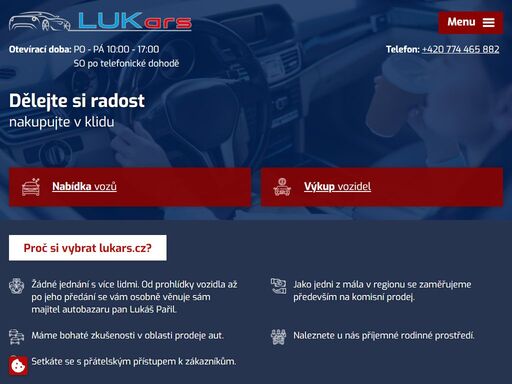 jsme rodinnou firmou, která vám od roku 2016 nabízí své služby v oblasti prodeje aut. jsme hrdí na to, že se nám za poměrně krátkou dobu podařilo od základů vybudovat stabilní firmu. každý rok prodáme více než 250 ojetých vozů.
