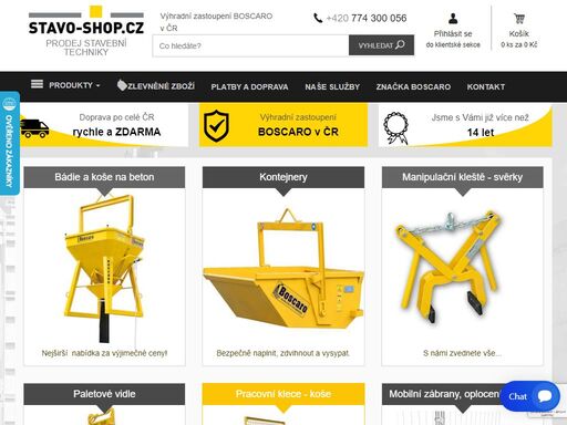 prodej stavební techniky, zařízení pro stavební průmysl, příslušenství pro stavbu, výhradní zastoupení značky boscaro v čr. shozy na suť, mobilní zábrany...