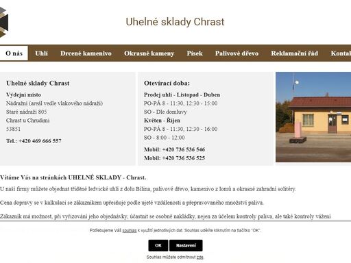 uhelné sklady chrast nabízí uhlí, brikety, dřevěné pelety, kačírek, štěrk, písek, okrasné kameny a palivové dřevo sypané
