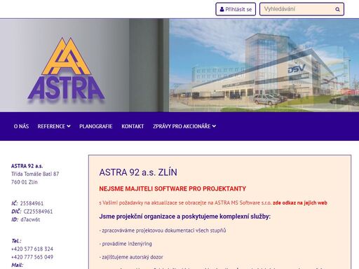 astra 92 a.s. zlín je projekční organizace působící v investiční výstavbě se širokým záběrem působnosti, od občanské výstavby až po specializované průmyslové objekty, vč. zabezpečení kompletní inženýrské činnosti. dále nabízíme kopírovací a plánografické práce vč. velkoformátového tisku.