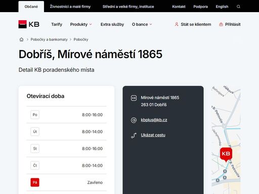 seznam a vyhledávání poboček a bankomatů komerční banky.