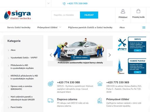 sigra.cz je specializovaný obchod na prodej, servis i půjčovnu čistící techniky. zametací a mycí stroje, čističe, kompresory a další úklidové vybavení.