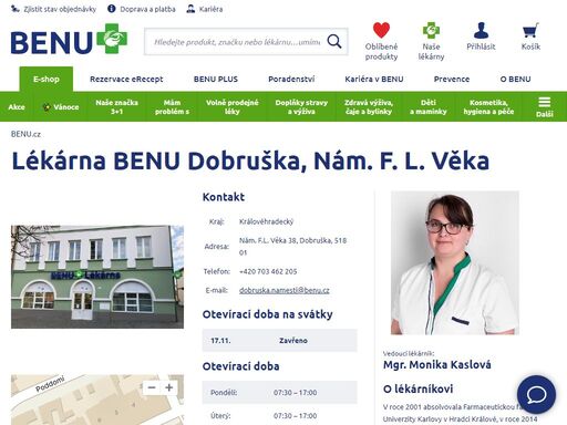 ?lékárna v dobrušce je umístěna v centru města na náměstí. vyberte zde si ze široké nabídky produktů nebo si nechte připravit individuální lék dle receptu.?