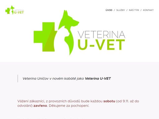 veterina u-vet (dříve známá jako veterina uničov) se zaměřuje na medicínu malých zvířat, zvláště pak psů a koček. o vaše mazlíčky pečujeme na stejné adrese už od roku 2003.