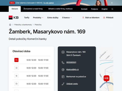 seznam a vyhledávání poboček a bankomatů komerční banky.