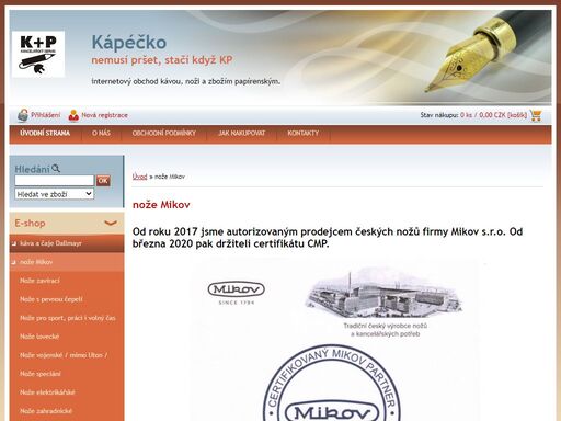 od roku 2017 jsme autorizovaným prodejcem českých nožů firmy mikov s.r.o. od března 2020 pak držiteli certifikátu cmp. 

mikov s.r.o. je světově