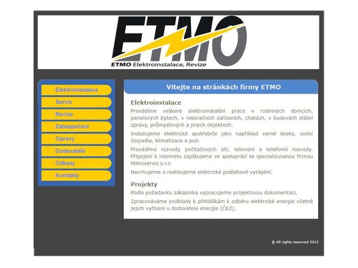 stránky firmy etmo. elektroinstalace a revize.