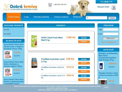 prodej kvalitních krmiv pro psy a kočky,kromě krmiva nabízíme steliva,antiparazitika,vitamínové přípravky,lososové oleje,obojky,vodítka aj. rozvoz až do domu nebo práce po okresech ostrava,olomouc,nový jičín,opava,frýdek-místek a karviná zdarma.možnost platby platební kartou i při rozvozu! 
