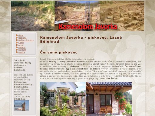 kamenolom na červeno-růžový pískovec v obci lázně bělohrad. nabízíme pískovcové zdivo, obklady, zahradní architekturu, řezané polotvary, krby a další výrobky z pískovce.