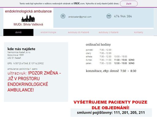 endokrinologická ambulance - mudr. silvia vašková - nemocnice kadaň - ambulance: poliklinika 1. patro - ultrazvuk: sono č.1 na rtg poliklinika 2. patro