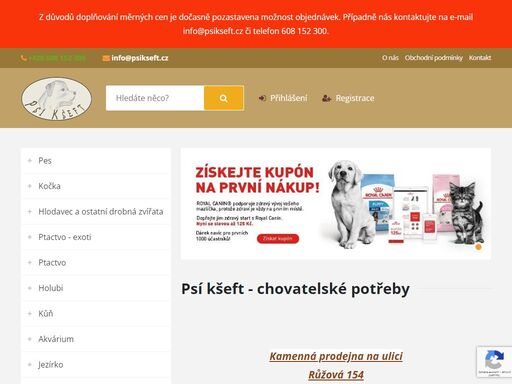 chovatelské potřeby, granule, krmiva pro psy, kočky, krmné maso, kynologické potřeby.