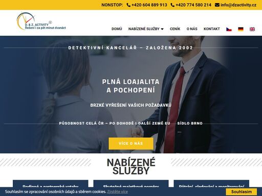 poskytujeme diskrétní a spolehlivé služby soukromého detektiva. naše detektivní kancelář se sídlem v brně, působí po celé čr i v zahraničí. d. & z. activity brno.