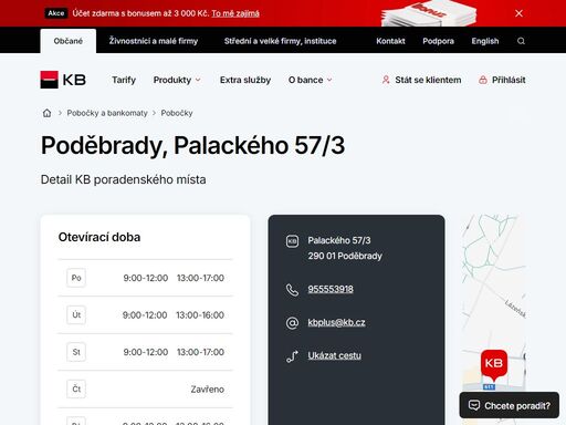 seznam a vyhledávání poboček a bankomatů komerční banky.