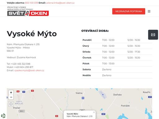 pobočka společnosti svět oken vysoké mýto nabízí do konce měsíce se slevou plastová okna, plastové dveře, hliníková okna, hliníkové dveře, garážová vrata, balkóny a lodžie a stínící techniku.