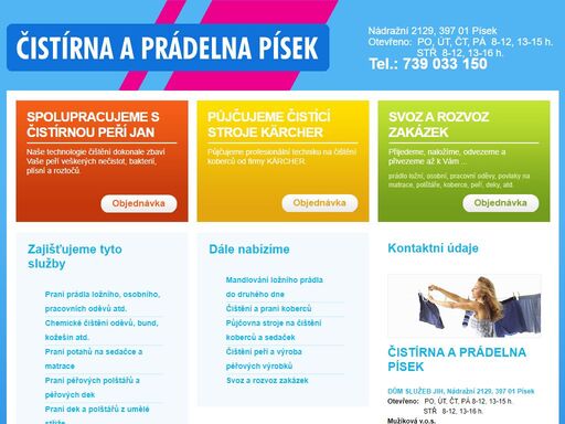 naše čistírna a prádelna písek – 739033150 - jana mužíková - zajišťujeme tyto služby - praní prádla ložního, osobního, pracovních oděvů, chemické čištění oděvů, bund, kožešin, praní potahů na sedačky a matrace, praní péřových polštářů a péřových dek, praní dek a polštářů z umělé střiže, mandlování ložního prádla do druhého dne, čištění a praní koberců, půjčovna stroje na čištění koberců a sedaček, čištění peří a výroba péřových výrobků, svoz a rozvoz zakázek písek