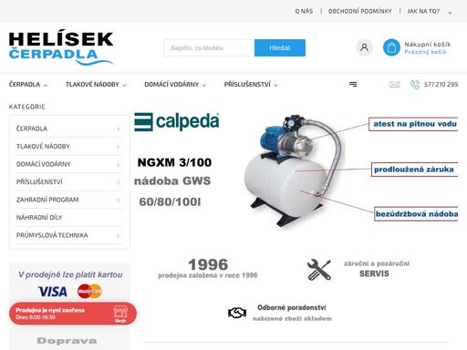 vítejte v našem obchodě zaměřeném na čerpadla na vodu. čerpadla a domácí vodárny
vítejte na našich stránkách. rádi vás přivítáme i na prodejně, která vám slouží už od roku 1996.
máme stejné ceny na e-shopu i v prodejně.
naše hlavní činnost je maloobchodní a velkoobchodní prodej, montáž a servis čerpací techniky ve…