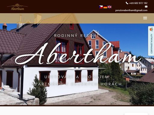 ubytování v rodinném resortu abertamy v krušných horách. poskytujeme ubytování v komfortních rodinných apartmánech a pokojích. k dispozici také snídaně a pizzeria.