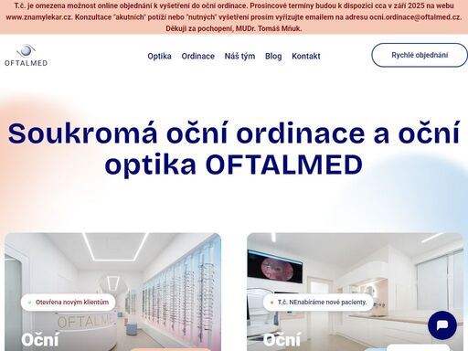 oční ordinace oftalmed nabízí komplexní služby v podobě péče oftalmologa – optometristy – optika.