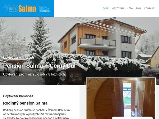 pension salma – černý důl nabízí ubytování na horách, v krkonoších. ubytování pro 1 až 25 osob v 8 ložnicích s vlastní koupelnou a wc. nejbližší sjezdovka 150m.