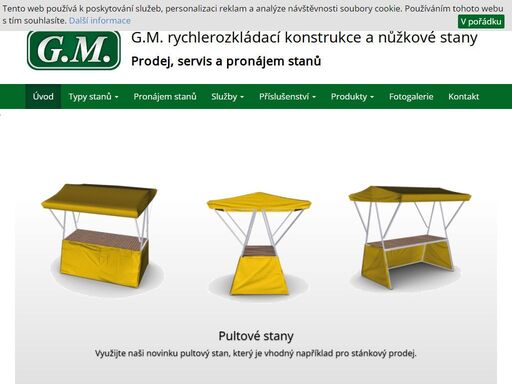 g.m stany nabízí prodej, servis, pronájem a potisk rychlerozkládajících a nůžkových stanů. firma působí na trhu již od roku 1994