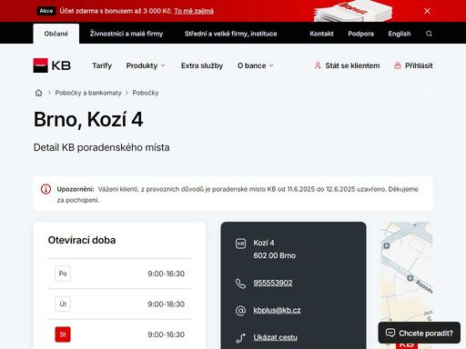 seznam a vyhledávání poboček a bankomatů komerční banky.