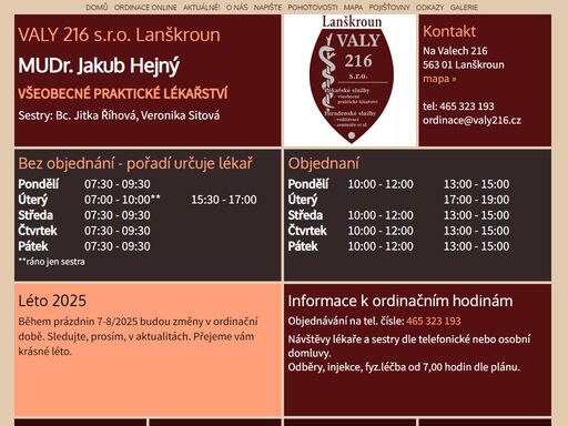 všeobecné praktické lékařství, valy 216 lanškroun. mudr. jakub hejný, všeobecný lékař, ordinační hodiny, ordinační doba