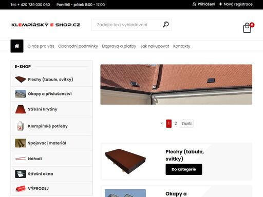 specializovaný obchod s klempířskými materiály, výrobky a potřebami, střešními krytinami a doplňky, střešními okny velux a roto, spojovacím materiálem.