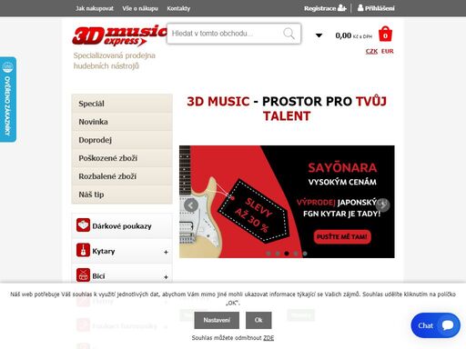 hudební nástroje 3d music express, hradec králové. jsme specializovaná prodejna hudebních nástrojů. v naší nabídce naleznete značkové nástroje, jako jsou: elektrická kytara, akustická kytara, baskytara, bicí souprava, stojany, zobcová flétna, foukací harmoniky, ladička, metronom, bubnové paličky a blány. dále pro kytaristy struny na klasickou kytaru, struny na elektrickou kytaru, struny na akustickou kytaru a řadu dalších nástrojů a příslušenství.