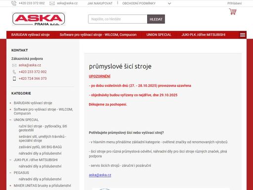 průmyslové šicí stroje.  
 
 
 
potřebujete průmyslový šicí nebo vyšívací stroj?
- v hlavním menu přinášíme základní kategorie - ověřené značky od renomovaných výrobců
- šicí stroje pro různá průmyslová odvětví, náhradní díly pro šicí stroje různých značek, plná podpora
- servis šicích strojů - záruční i…