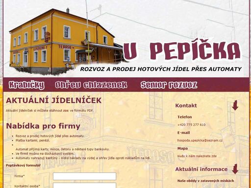 rozvoz a prodej hotových jídel, jídelní automaty, spolupráce s firmami, ceny od 130 - 140 kč, denně 6 - 8 druhů jídel.