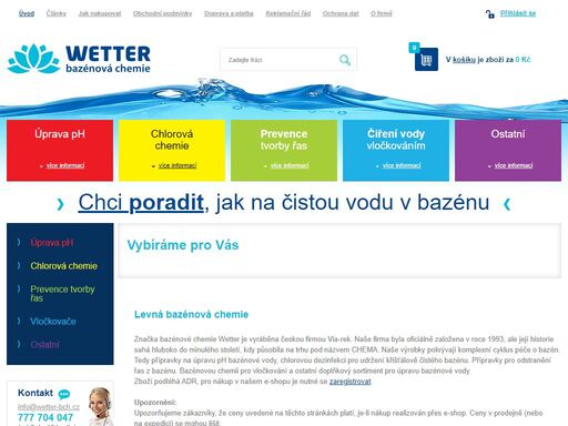 sháníte nejlevnější bazénovou chemii? bazénová chemie wetter je vhodná na úpravu a údržbu vody v bazénu a do výřivky. nakupujte na eshopu výrobce via-rek.