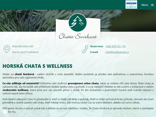 zveme vás do chaty smrková s wellness, která nabízí turistické ubytování jeseníky v karlově pod pradědem pro skupiny. k dispozici je 9 pokojů, každý s vlastním sociálním zařízením. chata je vedlejší budovou hotelu kamzík.
