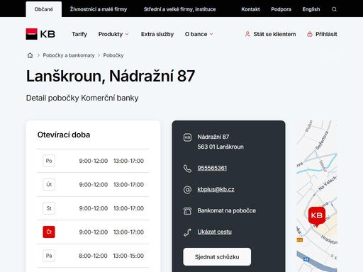 seznam a vyhledávání poboček a bankomatů komerční banky.