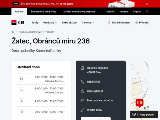 seznam a vyhledávání poboček a bankomatů komerční banky.