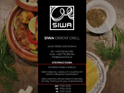 drazí cestovatelé! pojďte ochutnat pravý požitek z dálek! nezaměnitelné aroma tradičního grilu a neopakovatelnou chuť orientu v naší nové restauraci v centru brna. přeneste se s námi do klidné oázy siwa plné čerstvých a orientálních jídel.