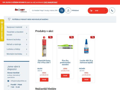 velkoobchod, e-shop se spojovacím materiálem. on-line prodáváme šrouby, matice, vruty, hmoždinky, nýty, hřebíky, tesařské kování, vrtáky a nářadí.