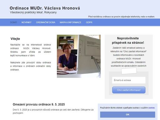 nacházíte se na nové stránce ordinace mudr. václavy hronové. stránka poskytuje informace o službách a ordinační době.