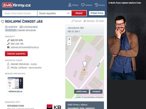 reklamní činnost jas , jaroslavice 283,zlín,76001 zlín 1