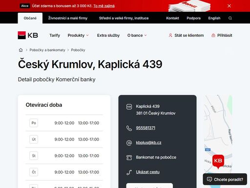 seznam a vyhledávání poboček a bankomatů komerční banky.