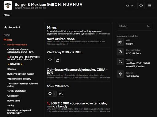 rodinné bistro se zaměřením na přípravu burgerů, mexické kuchyně a čerstvé zeleninové saláty. 