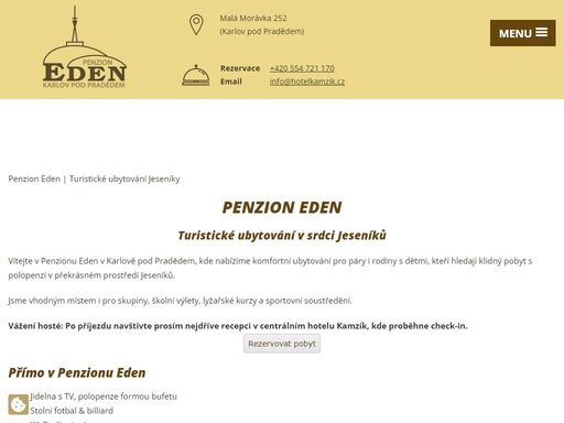 zveme vás do penzionu eden, který nabízí levné turistické ubytování jeseníky v karlově pod pradědem v pokojích s vlastním sociálním zařízením. v ceně ubytování je zahrnuta polopenze. penzion eden je vedlejší budovou hotelu kamzík. 