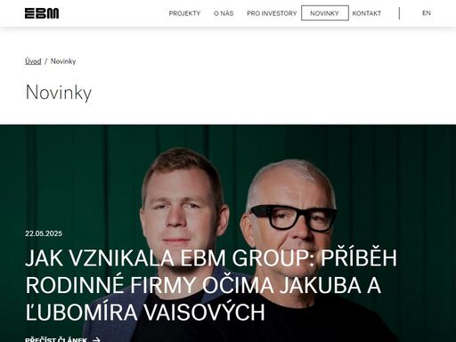ebm group připravuje a realizuje jedinečná místa, která zlepšují kvalitu života i prostředí, ve kterém se nacházejí, a stávají se jeho vítanou součástí. v kládáme do nich přidanou hodnotu z pohledu nadčasové architektury, funkčnosti, precizního provedení 