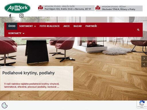 apokork studio specialista pro vybavení interiérů již od roku 1994najdete nás na adresách králův dvůr a říčany u prahy poslat poptávku odborná montáž kompletního sortimentu od roku 1994 máme dokončeno více než 25.000 realizací. nabízíme podlahové krytiny, interiérové dveře, vestavěné skříně, plastová, dřevěná okna a hliníková okna, venkovní žaluzie, předokenní rolety, garážová vrata, markýzy. montáže provádíme pouze vlastními zaměstnanci, podlaháři, truhláři, oknaři, elektrikáři. bezplatné