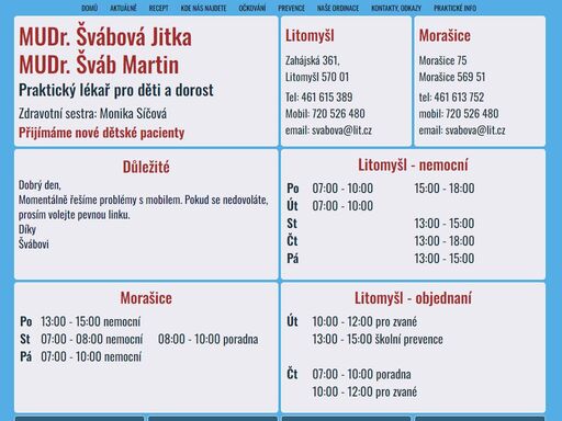 mudr. švábová jitka, mudr. šváb martin, praktický lékař pro děti a dorost, pediatrie dětský lékař litomyšl, morašice