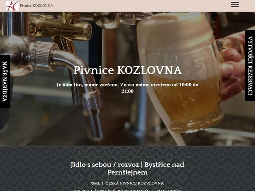 jídlo s sebou / rozvoz | bystřice nad pernštejnem - jsme 1. česká pivnice kozvlovna; dej si u nás skvělé pivko z tanků ....; jsme hrdým držitelem ocenění hvězdy sládků; stylová pivnice v bystřici nad pernštejnem spojuje to nejlepší z tradičního českého pivovarnictví s moderními trendy pohostinství - českou kuchyni a tankové pivo.; interiér všech kozloven za použití tradičních artefaktů velkopopovického kozla vytváří moderní, stylové prostředí, plné originálních detailů. základním materiálem jsou dřevo, kůže, kov a sklo v převážně béžové a hnědé, což jsou typické kozlovské barvy. originální jsou dveře, nábytek, kliky, světla i veškeré sklo. kombinace všech symbolů, barev a detailů navozuje příjemnou a útulnou atmosféru.; v pivnici se čepuje velkopopovický kozel, světlý ležák přímo z tanku a ze sudu ryze hořký ležák radegast, kozel tmavý výčepní, pilsner urquell ležák a také birell světlý a birell pomelo grep.; za pěkného počasí zde můžete využít také zastřešenou terasu.; díky společné kuchyni s restaurací harenda nabízíme i stejný kulinářský zážitek a výběr z pestrého jídelního lístku včetně poledního menu.