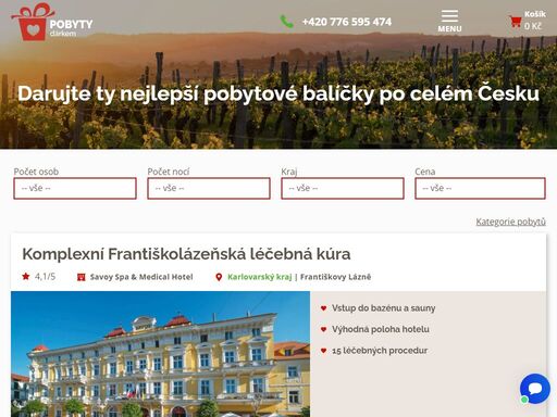 dárkové poukazy na pobyty a pobytové balíčky po celé české republice. u nás naleznete wellness, lázeňské a romantické pobyty a víkendy v renomovaných hotelech. ať už jde o zážitkový pobyt, odpočinkový víkend pro dva, regeneraci ve wellness centru nebo romantickou dovolenou, každý si najde to pravé. dárkový poukaz máte v e-mailu ihned po zaplacení.