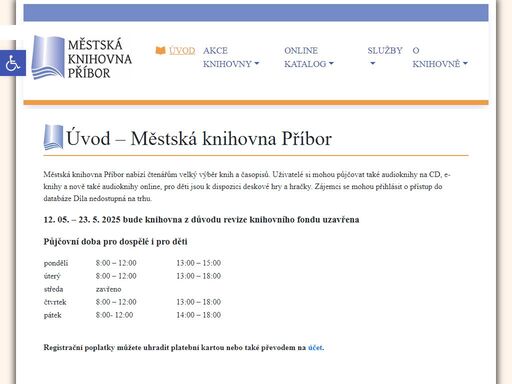 městská knihovna příbor nabízí čtenářům velký výběr knih a časopisů. uživatelé si mohou půjčovat také audioknihy a e-knihy, pro děti jsou k dispozici deskové hry a hračky. zájemci se mohou přihlásit o přístup do databáze díla nedostupná na trhu.